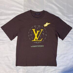 LOUIS VUITTON Brown Washed Embellished Cotton T-Shirt - Medium Rhinestone